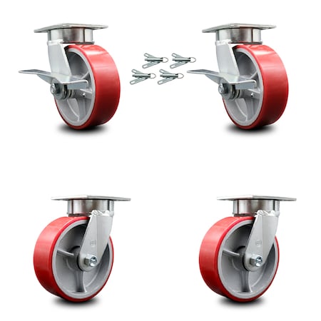 Service Caster 6 Inch Kingpinless Red Poly on Steel Wheel Caster Swivel Locks 2 Brakes, 4PK SCC-KP30S620-PUR-RS-SLB-BSL-2-BSL-2